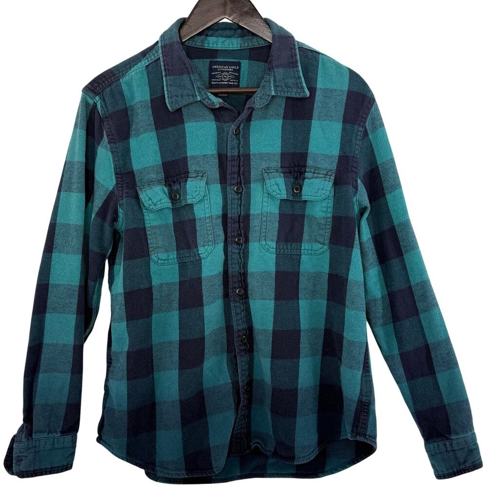 American Eagle Flannel Shirt Mens L Teal Black Plaid Button Up